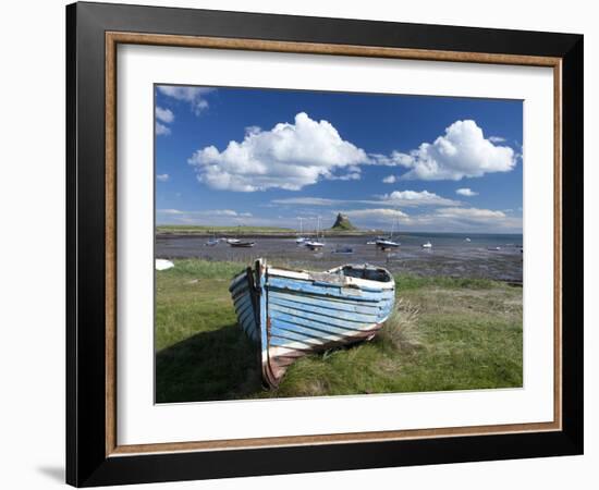 Old Wooden Fishing Boat on a Grassy Bank with Lindisfarne Harbour and Lindisfarne Castle, Holy Isla-Lee Frost-Framed Photographic Print