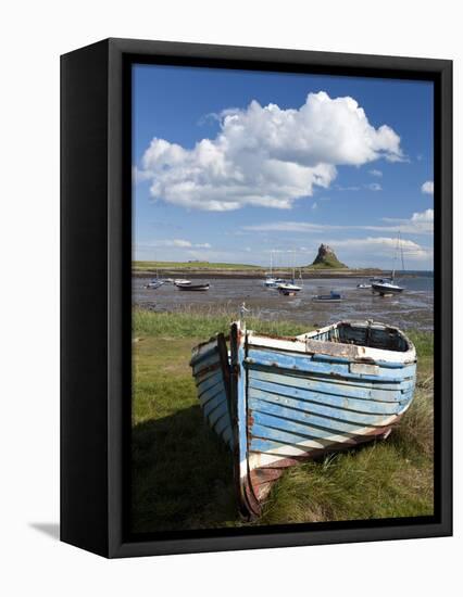 Old Wooden Fishing Boat on a Grassy Bank with Lindisfarne Harbour and Lindisfarne Castle, Holy Isla-Lee Frost-Framed Premier Image Canvas