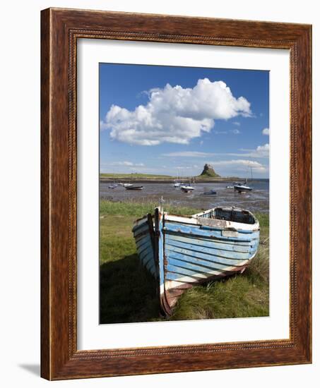 Old Wooden Fishing Boat on a Grassy Bank with Lindisfarne Harbour and Lindisfarne Castle, Holy Isla-Lee Frost-Framed Photographic Print