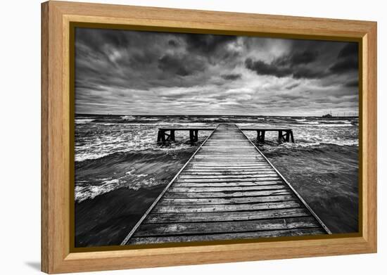 Old Wooden Jetty, Pier, during Storm on the Sea. Dramatic Sky with Dark, Heavy Clouds. Black and Wh-Michal Bednarek-Framed Premier Image Canvas