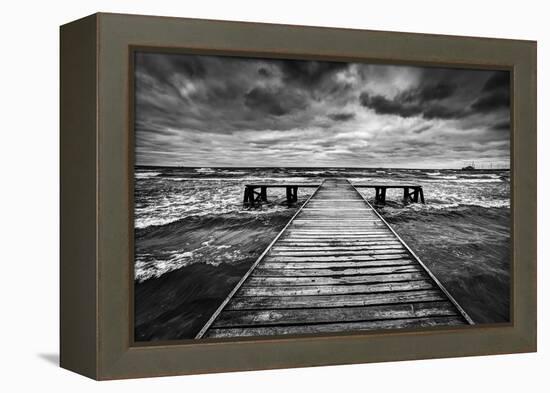 Old Wooden Jetty, Pier, during Storm on the Sea. Dramatic Sky with Dark, Heavy Clouds. Black and Wh-Michal Bednarek-Framed Premier Image Canvas