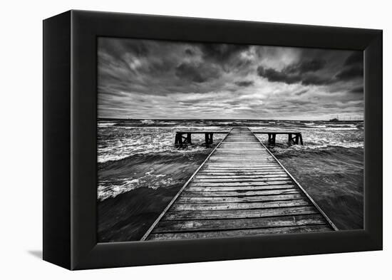 Old Wooden Jetty, Pier, during Storm on the Sea. Dramatic Sky with Dark, Heavy Clouds. Black and Wh-Michal Bednarek-Framed Premier Image Canvas