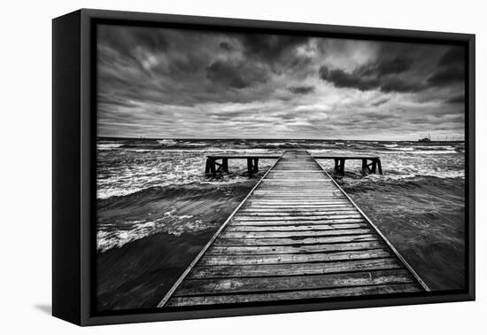 Old Wooden Jetty, Pier, during Storm on the Sea. Dramatic Sky with Dark, Heavy Clouds. Black and Wh-Michal Bednarek-Framed Premier Image Canvas