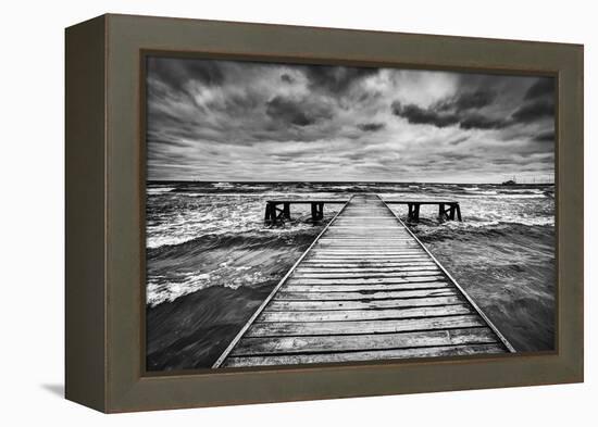 Old Wooden Jetty, Pier, during Storm on the Sea. Dramatic Sky with Dark, Heavy Clouds. Black and Wh-Michal Bednarek-Framed Premier Image Canvas