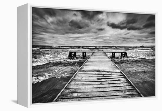 Old Wooden Jetty, Pier, during Storm on the Sea. Dramatic Sky with Dark, Heavy Clouds. Black and Wh-Michal Bednarek-Framed Premier Image Canvas