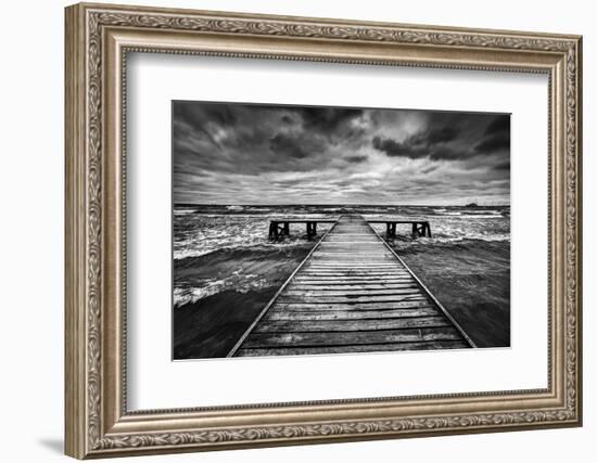 Old Wooden Jetty, Pier, during Storm on the Sea. Dramatic Sky with Dark, Heavy Clouds. Black and Wh-Michal Bednarek-Framed Photographic Print