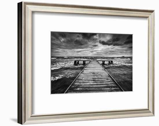 Old Wooden Jetty, Pier, during Storm on the Sea. Dramatic Sky with Dark, Heavy Clouds. Black and Wh-Michal Bednarek-Framed Photographic Print