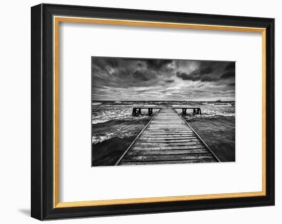 Old Wooden Jetty, Pier, during Storm on the Sea. Dramatic Sky with Dark, Heavy Clouds. Black and Wh-Michal Bednarek-Framed Photographic Print