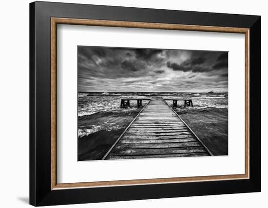 Old Wooden Jetty, Pier, during Storm on the Sea. Dramatic Sky with Dark, Heavy Clouds. Black and Wh-Michal Bednarek-Framed Photographic Print