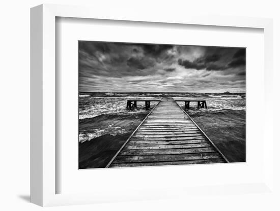 Old Wooden Jetty, Pier, during Storm on the Sea. Dramatic Sky with Dark, Heavy Clouds. Black and Wh-Michal Bednarek-Framed Photographic Print