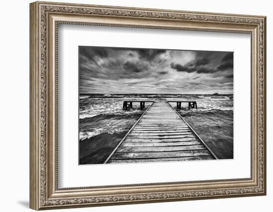 Old Wooden Jetty, Pier, during Storm on the Sea. Dramatic Sky with Dark, Heavy Clouds. Black and Wh-Michal Bednarek-Framed Photographic Print