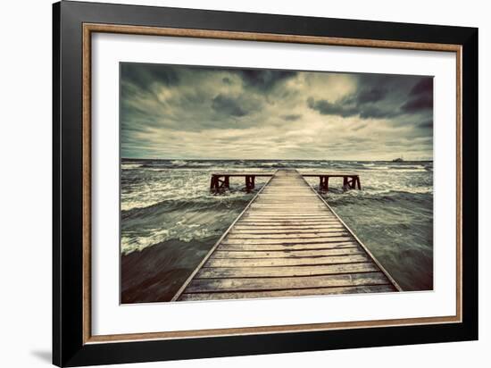 Old Wooden Jetty, Pier, during Storm on the Sea. Dramatic Sky with Dark, Heavy Clouds. Vintage-Michal Bednarek-Framed Photographic Print