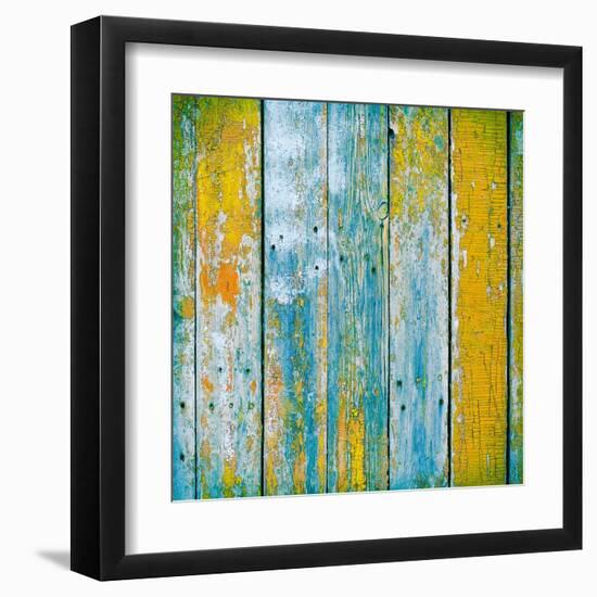 Old Wooden Planks Painted with Paint Cracked by a Rustic Background-Elena Larina-Framed Art Print