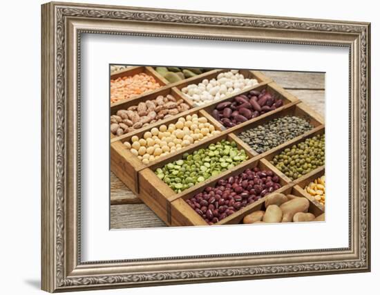 Old Wooden Typesetter Box with 16 Samples of Assorted Legumes: Green, Red and French Lentils, Soybe-PixelsAway-Framed Photographic Print