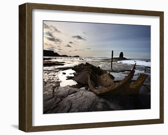 Old Wreck and Black Nab at Saltwick Bay, Near Whitby, North Yorkshire, Yorkshire, England, UK-Mark Sunderland-Framed Photographic Print