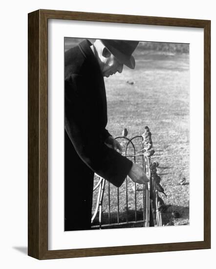 Older Man Feeding Birds Perched on a Fence in Hyde Park-Cornell Capa-Framed Photographic Print