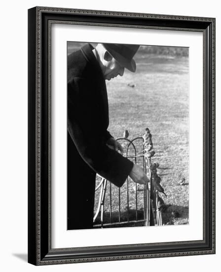 Older Man Feeding Birds Perched on a Fence in Hyde Park-Cornell Capa-Framed Photographic Print