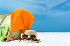 Summer Beach Bag with Coral,Towel and Flip Flops on Sandy Beach-oleggawriloff-Framed Premier Image Canvas