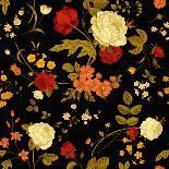 Beautiful Vintage Floral Seamless Pattern. Garden Roses, Hydrangea and Dog-Rose Flower on a Black B-Olga Korneeva-Art Print