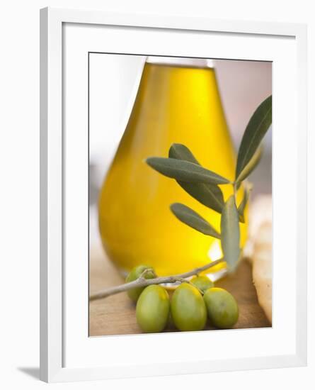 Olive Oil and Olive Sprig with Green Olives-null-Framed Photographic Print