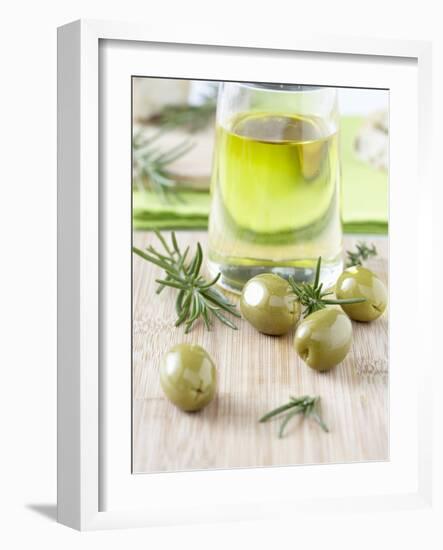 Olive Oil, Green Olives and Rosemary on Chopping Board-Jo Kirchherr-Framed Photographic Print