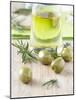 Olive Oil, Green Olives and Rosemary on Chopping Board-Jo Kirchherr-Mounted Photographic Print