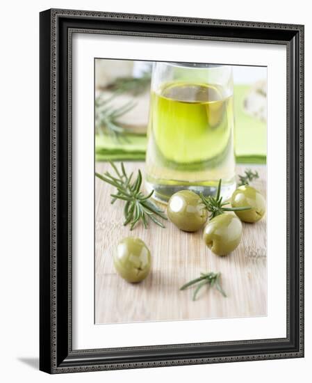 Olive Oil, Green Olives and Rosemary on Chopping Board-Jo Kirchherr-Framed Photographic Print