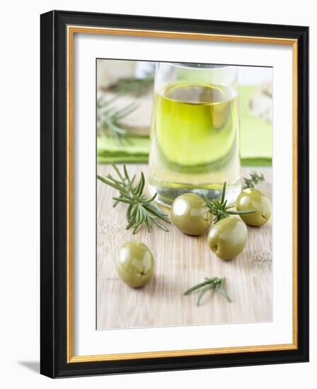 Olive Oil, Green Olives and Rosemary on Chopping Board-Jo Kirchherr-Framed Photographic Print