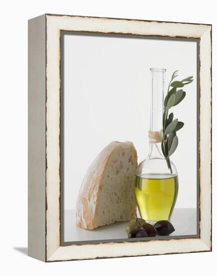 Olive Oil in Carafe, Olives and Piece of White Bread-null-Framed Premier Image Canvas