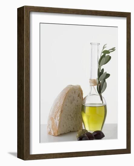 Olive Oil in Carafe, Olives and Piece of White Bread-null-Framed Photographic Print