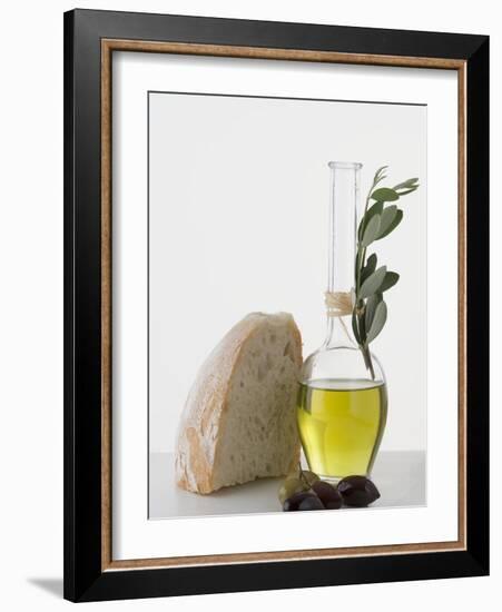 Olive Oil in Carafe, Olives and Piece of White Bread-null-Framed Photographic Print