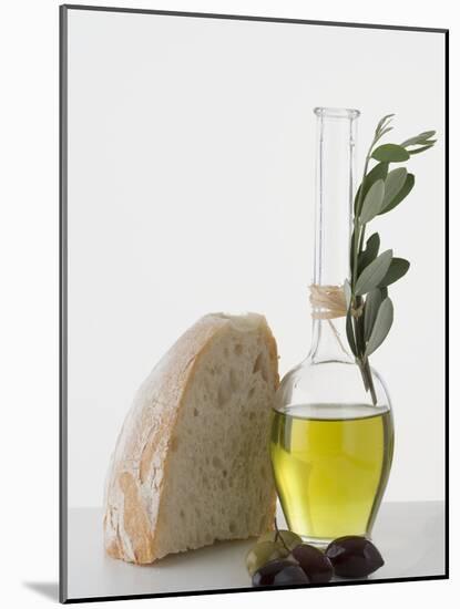 Olive Oil in Carafe, Olives and Piece of White Bread-null-Mounted Photographic Print