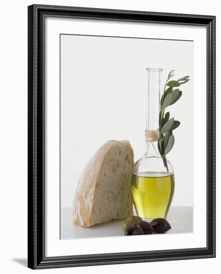 Olive Oil in Carafe, Olives and Piece of White Bread-null-Framed Photographic Print