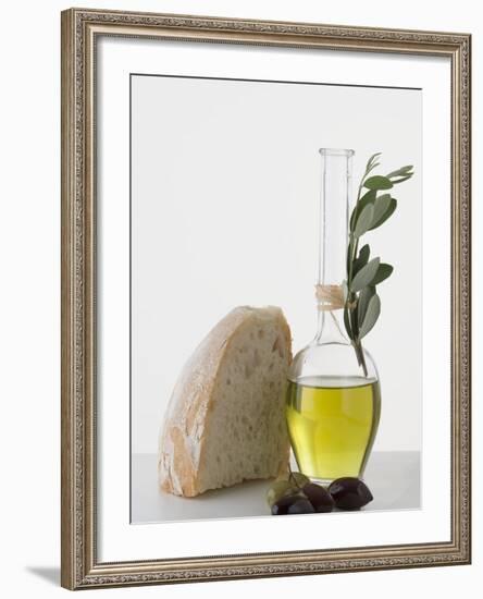 Olive Oil in Carafe, Olives and Piece of White Bread-null-Framed Photographic Print