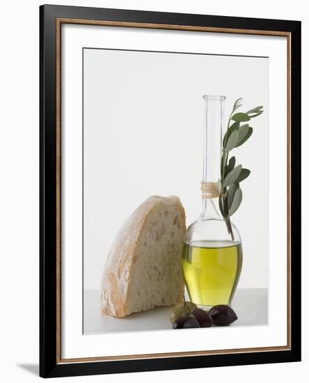 Olive Oil in Carafe, Olives and Piece of White Bread-null-Framed Photographic Print