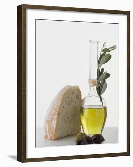 Olive Oil in Carafe, Olives and Piece of White Bread-null-Framed Photographic Print