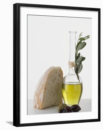 Olive Oil in Carafe, Olives and Piece of White Bread-null-Framed Photographic Print