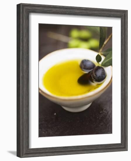 Olive Oil in Small Bowl with Black Olives-null-Framed Photographic Print