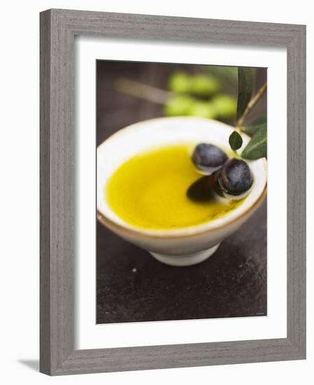 Olive Oil in Small Bowl with Black Olives-null-Framed Photographic Print