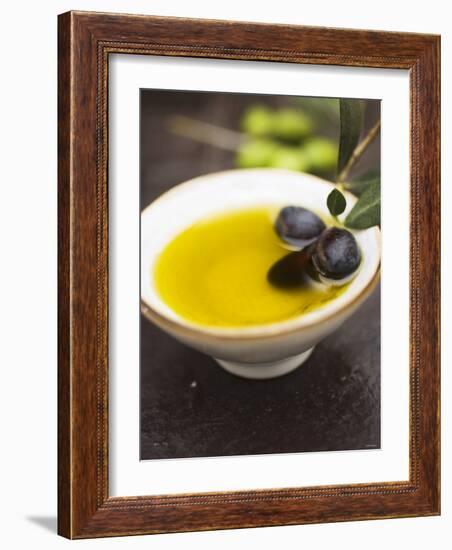 Olive Oil in Small Bowl with Black Olives-null-Framed Photographic Print