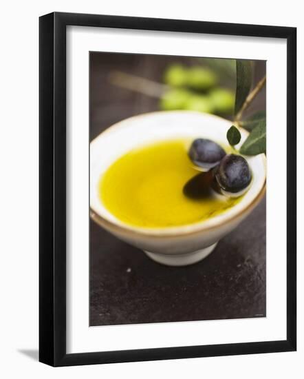 Olive Oil in Small Bowl with Black Olives-null-Framed Photographic Print