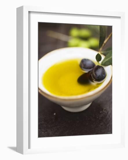 Olive Oil in Small Bowl with Black Olives-null-Framed Photographic Print