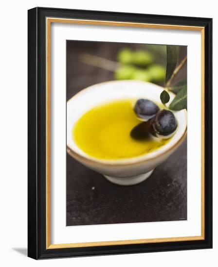 Olive Oil in Small Bowl with Black Olives-null-Framed Photographic Print