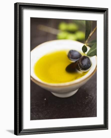 Olive Oil in Small Bowl with Black Olives-null-Framed Photographic Print