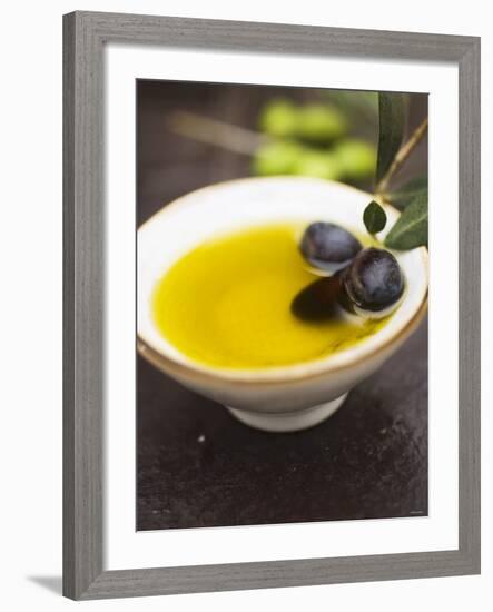 Olive Oil in Small Bowl with Black Olives-null-Framed Photographic Print