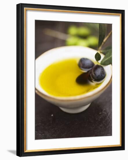 Olive Oil in Small Bowl with Black Olives-null-Framed Photographic Print