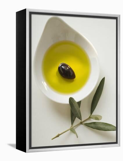 Olive Oil with Olive in Bowl, Olive Branch Beside It-null-Framed Premier Image Canvas