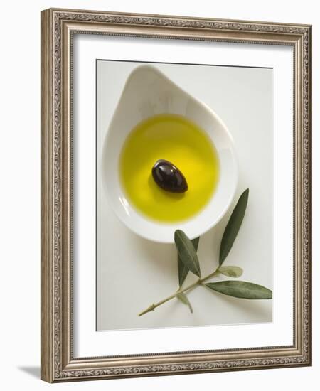 Olive Oil with Olive in Bowl, Olive Branch Beside It-null-Framed Photographic Print