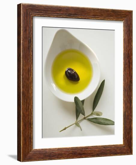 Olive Oil with Olive in Bowl, Olive Branch Beside It-null-Framed Photographic Print