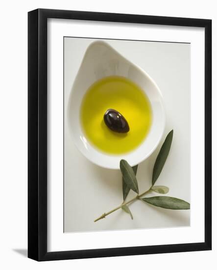 Olive Oil with Olive in Bowl, Olive Branch Beside It-null-Framed Photographic Print